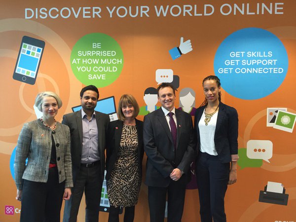 An image showing Rachel Neaman from Doteveryone (left) alongside the Croydon Council team, including Graham Cadle, Assistant Chief Executive (second from right) and Anne Sturzaker, lead coordinator (centre)