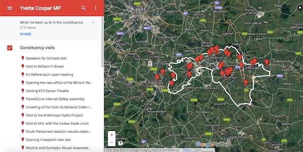 A map showing recent visits that Yvette Cooper MP had done